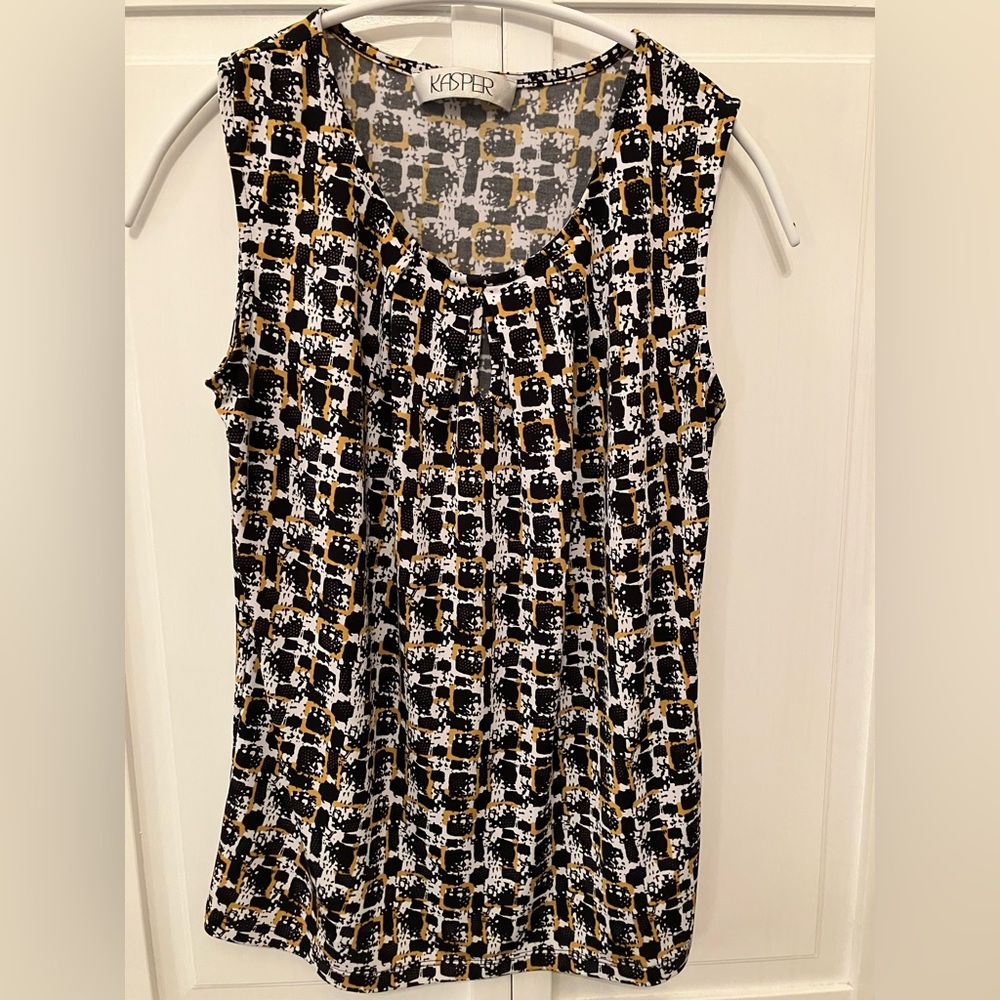 Kasper Sleeveless Blouse with Black, White, Mustard Abstract Print
